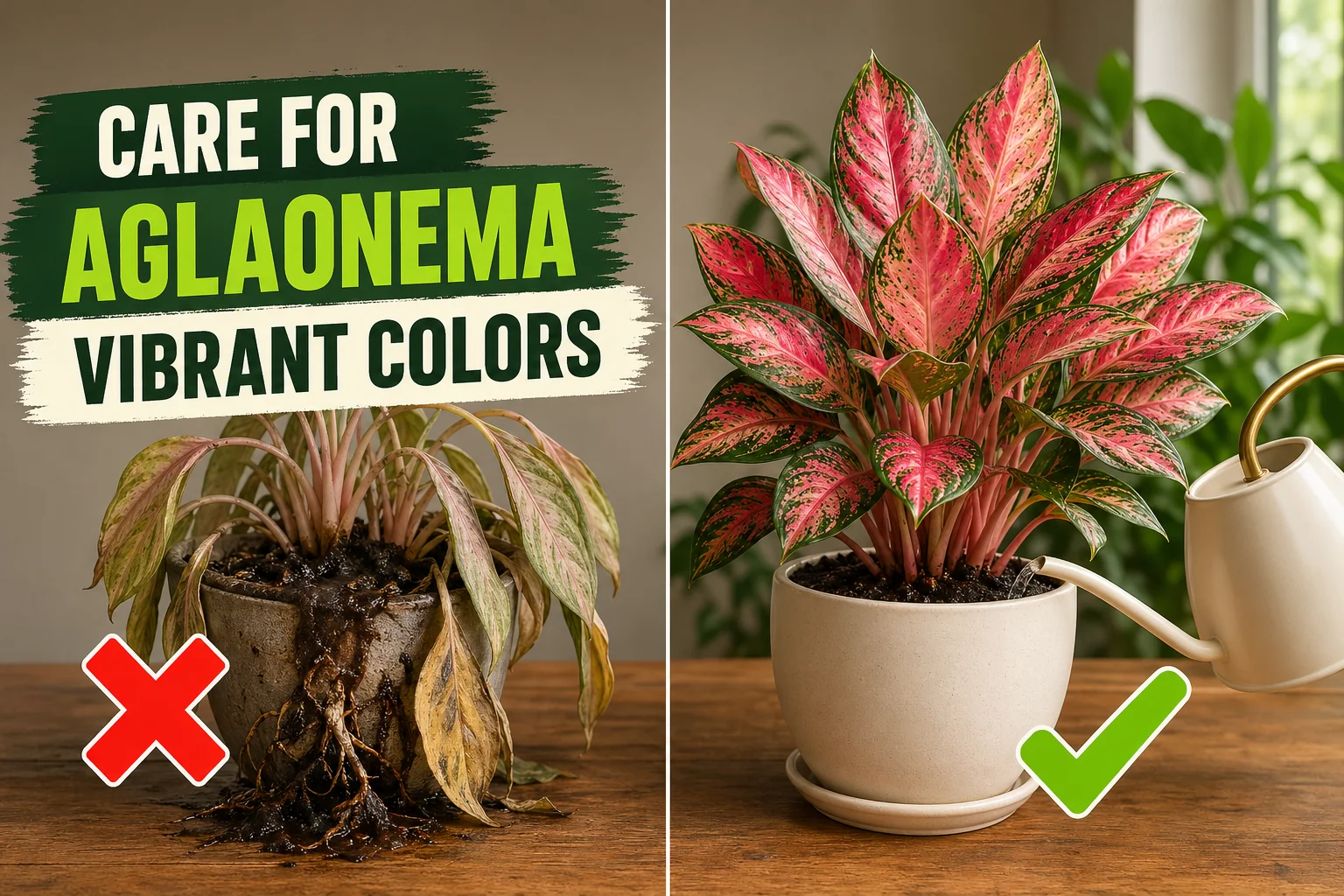 Split-screen aglaonema care: fading overwatered Chinese Evergreen on the left versus a vibrant pink-and-silver Aglaonema thriving in a cream pot on the right.