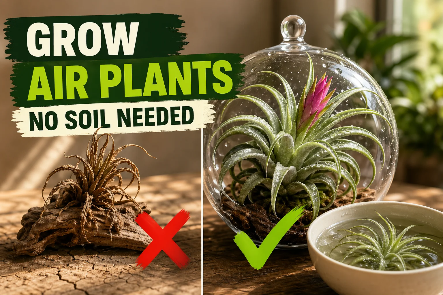 Split-screen air plant care: a shriveled crispy Tillandsia glued to driftwood on the left versus a plump silver-green air plant with a pink flower spike beside.