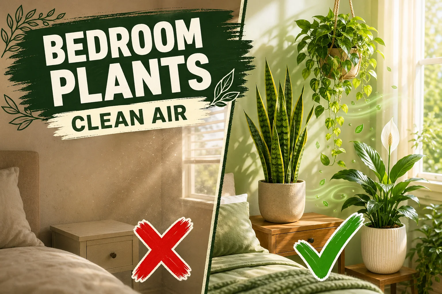 Split-screen: bare bedroom with no plants on the left vs a calm bedroom with a snake plant and peace lily on the right, illustrating air quality benefits.