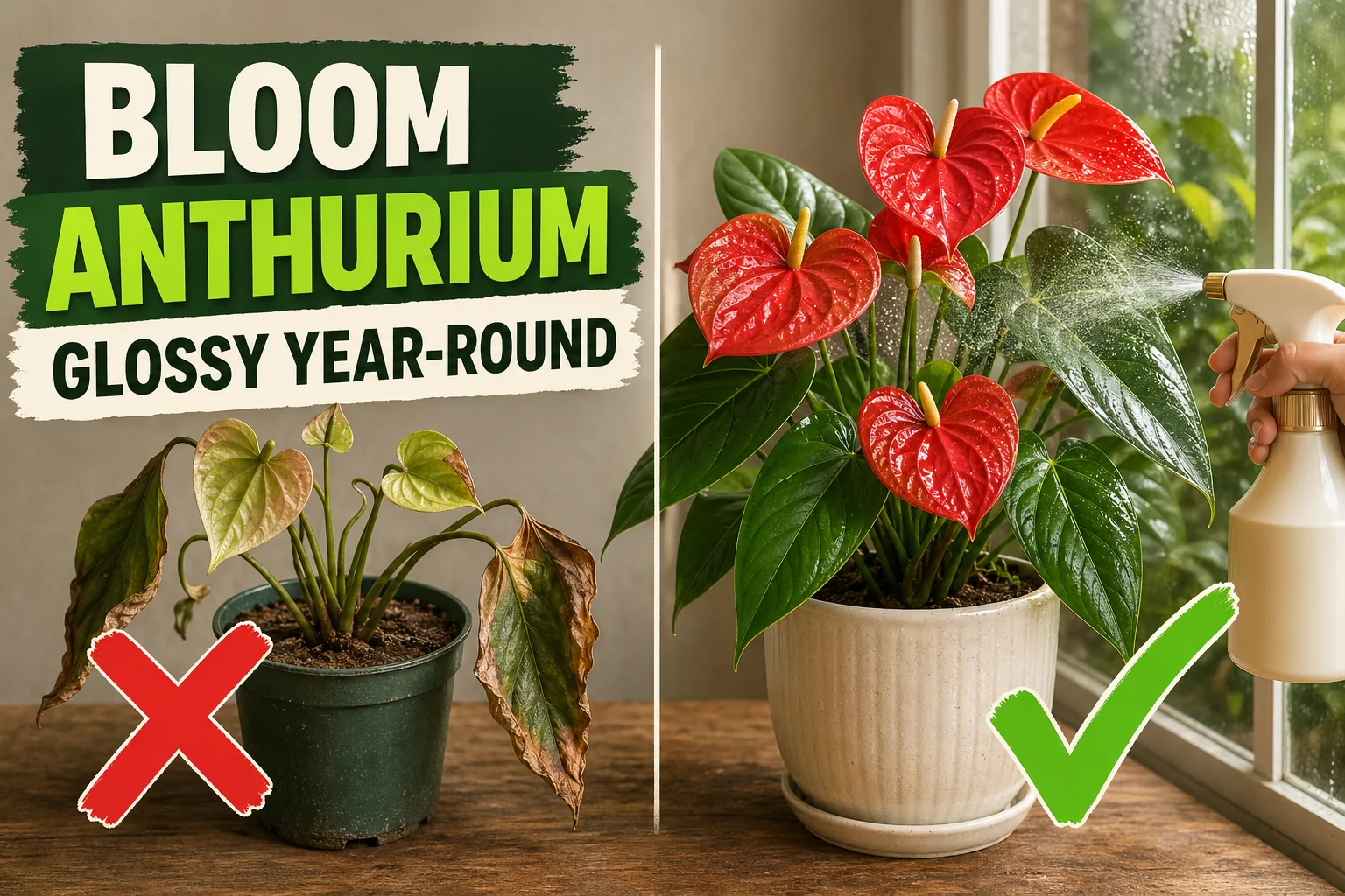 Split-screen anthurium care: a faded plant with crispy tips on the left versus a thriving anthurium with glossy red spathes being misted on the right.