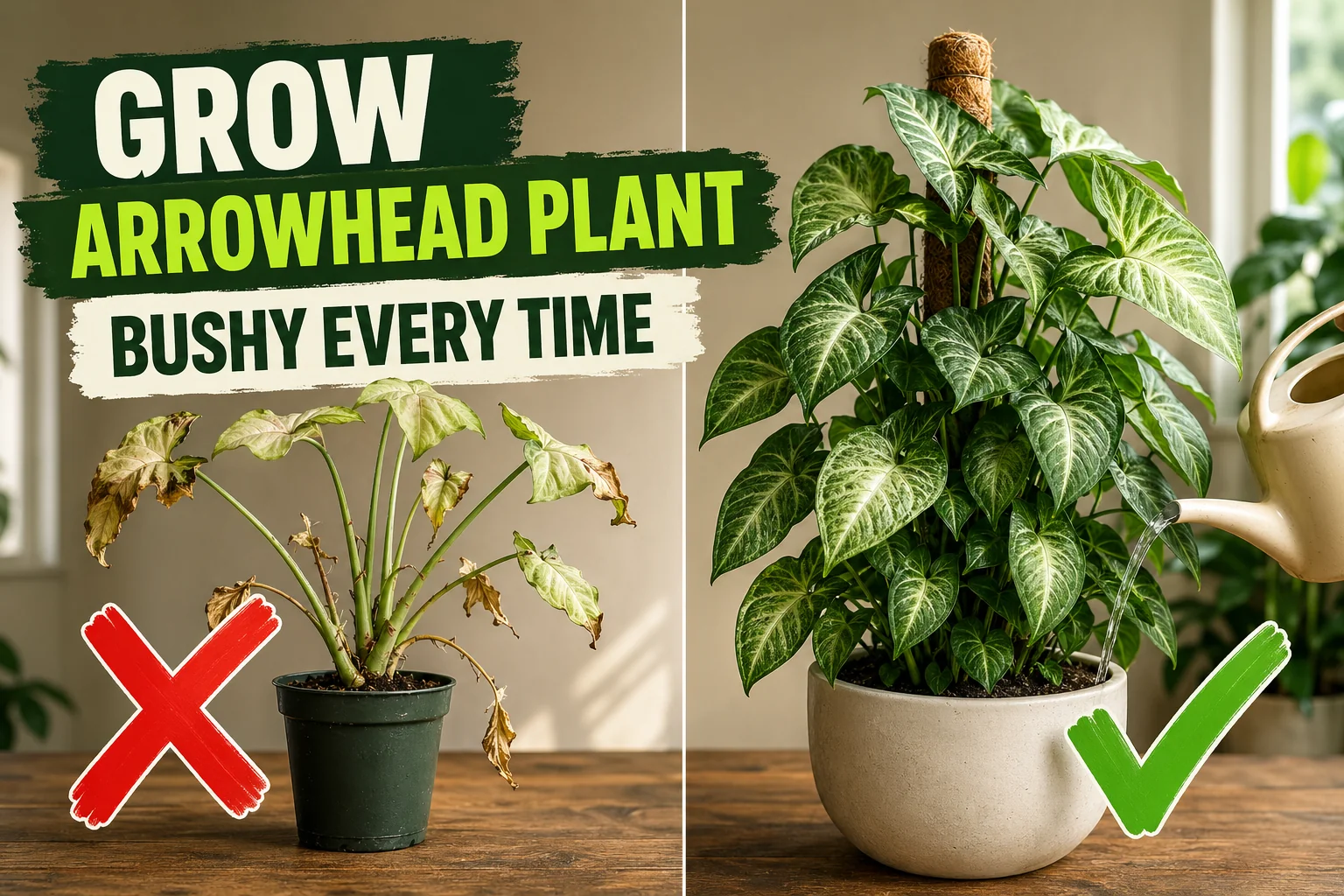 Split-screen comparison showing a leggy washed-out arrowhead plant with crispy brown leaf edges on the left versus a lush variegated Syngonium podophyllum