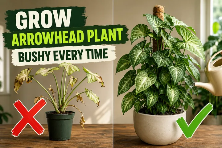 Split-screen comparison showing a leggy washed-out arrowhead plant with crispy brown leaf edges on the left versus a lush variegated Syngonium podophyllum