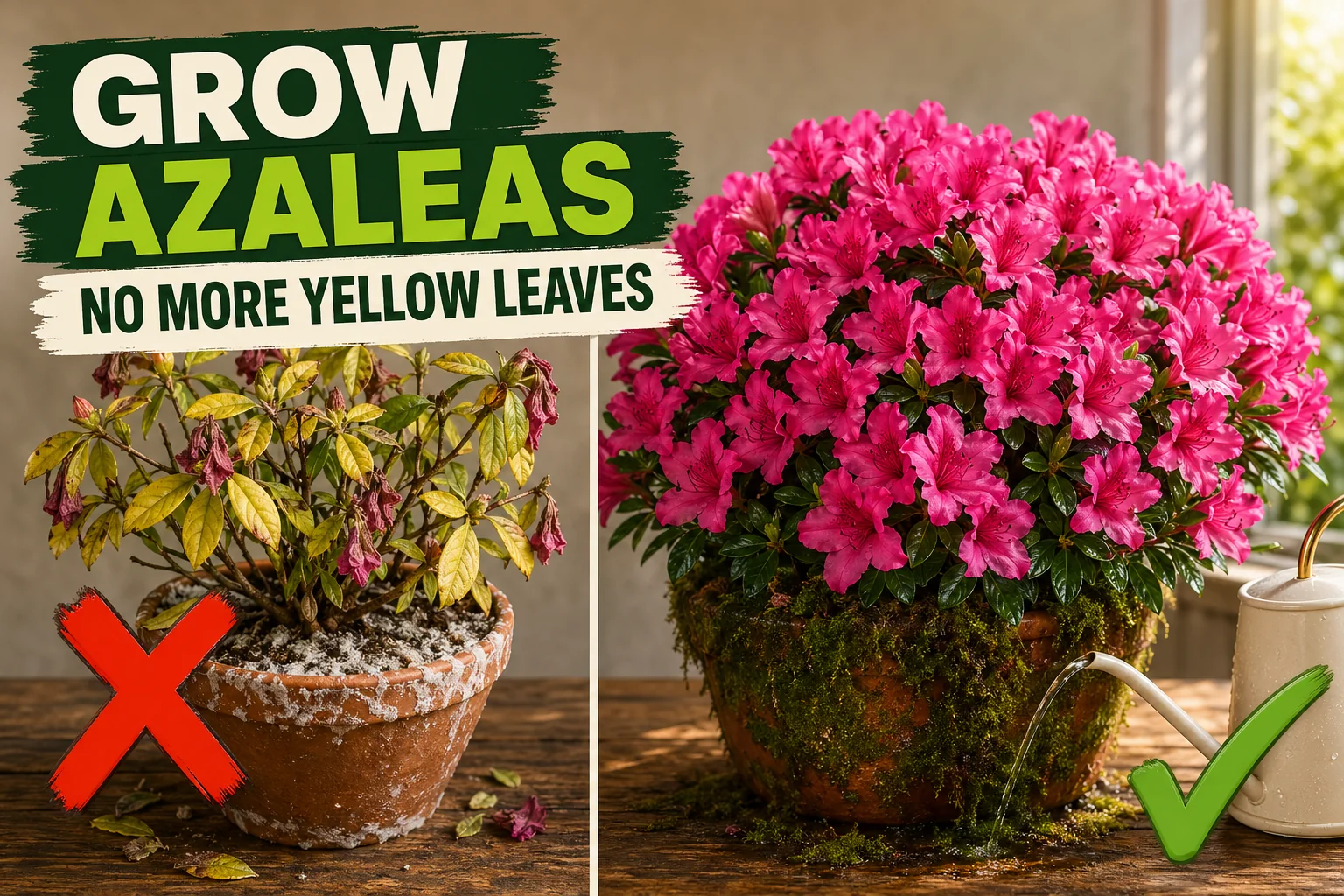 Split-screen azalea plant care: a yellowing chlorotic azalea in a salty clay pot on the left versus a thriving azalea bush covered in vivid hot-pink blooms on