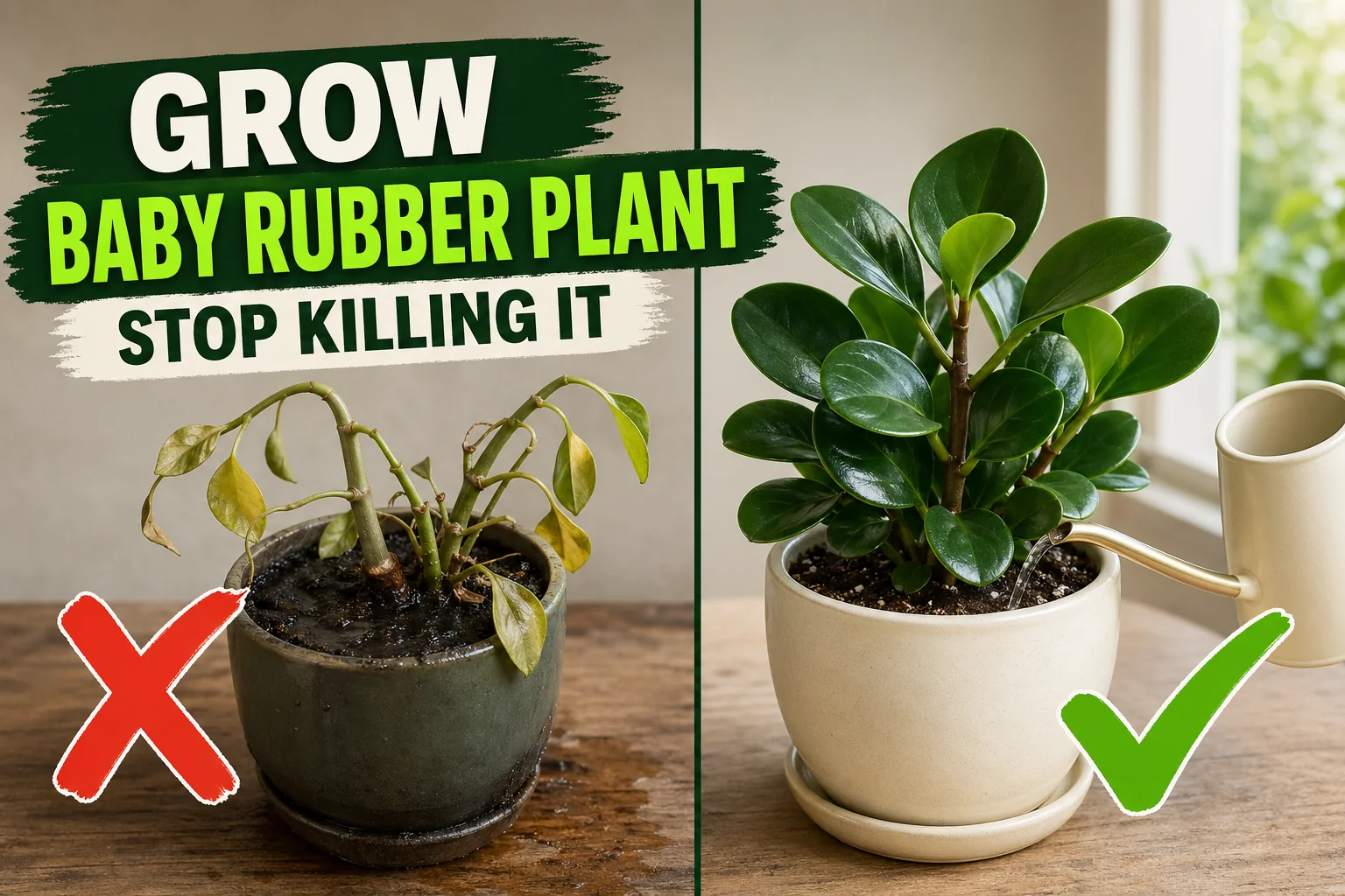 Split-screen baby rubber plant care: yellowing overwatered Peperomia on the left versus a glossy thriving baby rubber plant in a cream pot on the right.