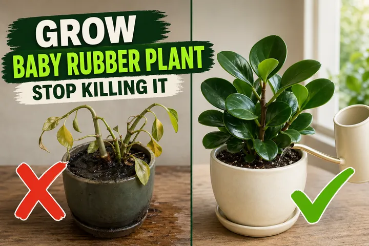 Split-screen baby rubber plant care: yellowing overwatered Peperomia on the left versus a glossy thriving baby rubber plant in a cream pot on the right.