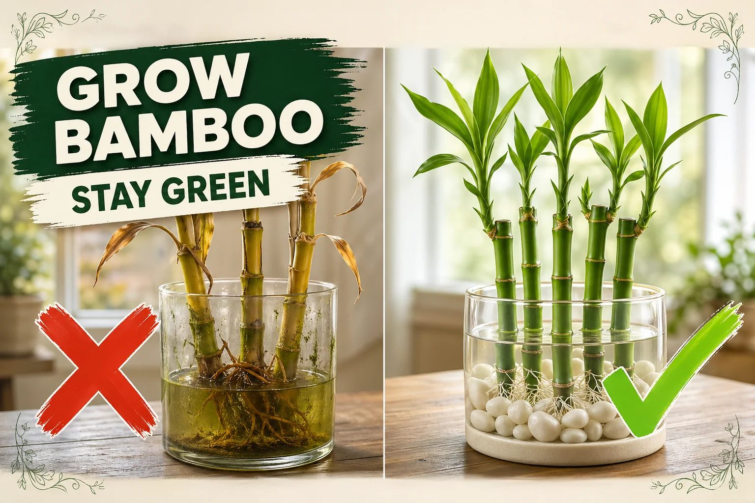 Split-screen showing yellowing lucky bamboo stalks in murky water on the left and vibrant green stalks in clear water with white pebbles on the right.