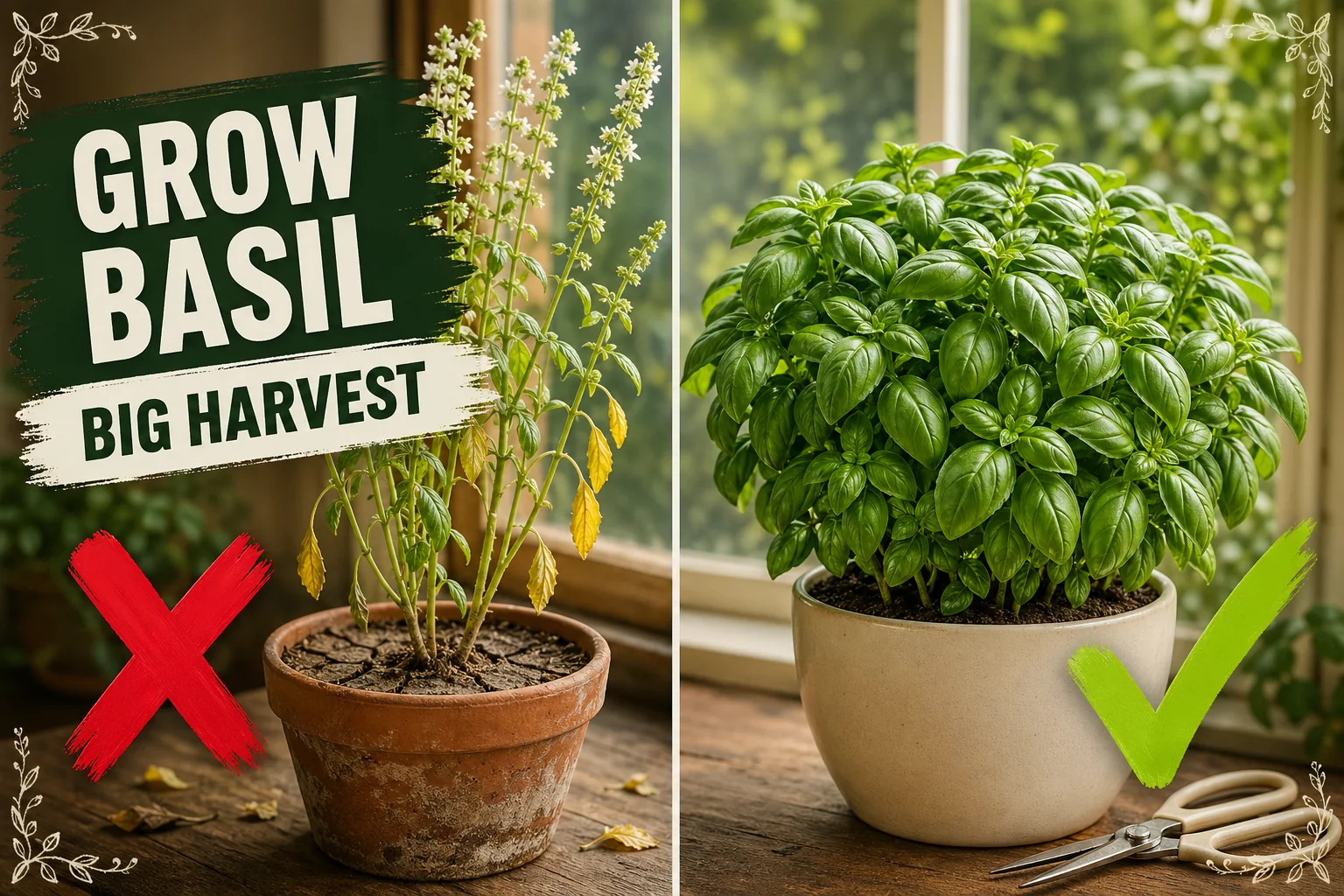 Split-screen basil plant care: bolted leggy basil with flower spikes on the left versus a compact bushy sweet basil with abundant fresh leaves on the right.