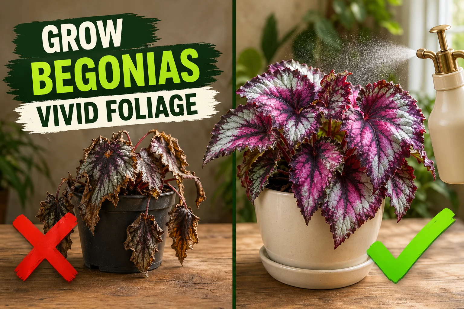 Split-screen comparing a wilting rex begonia with crispy brown edges to a vivid silver-pink rex begonia in a cream pot being misted for humidity.