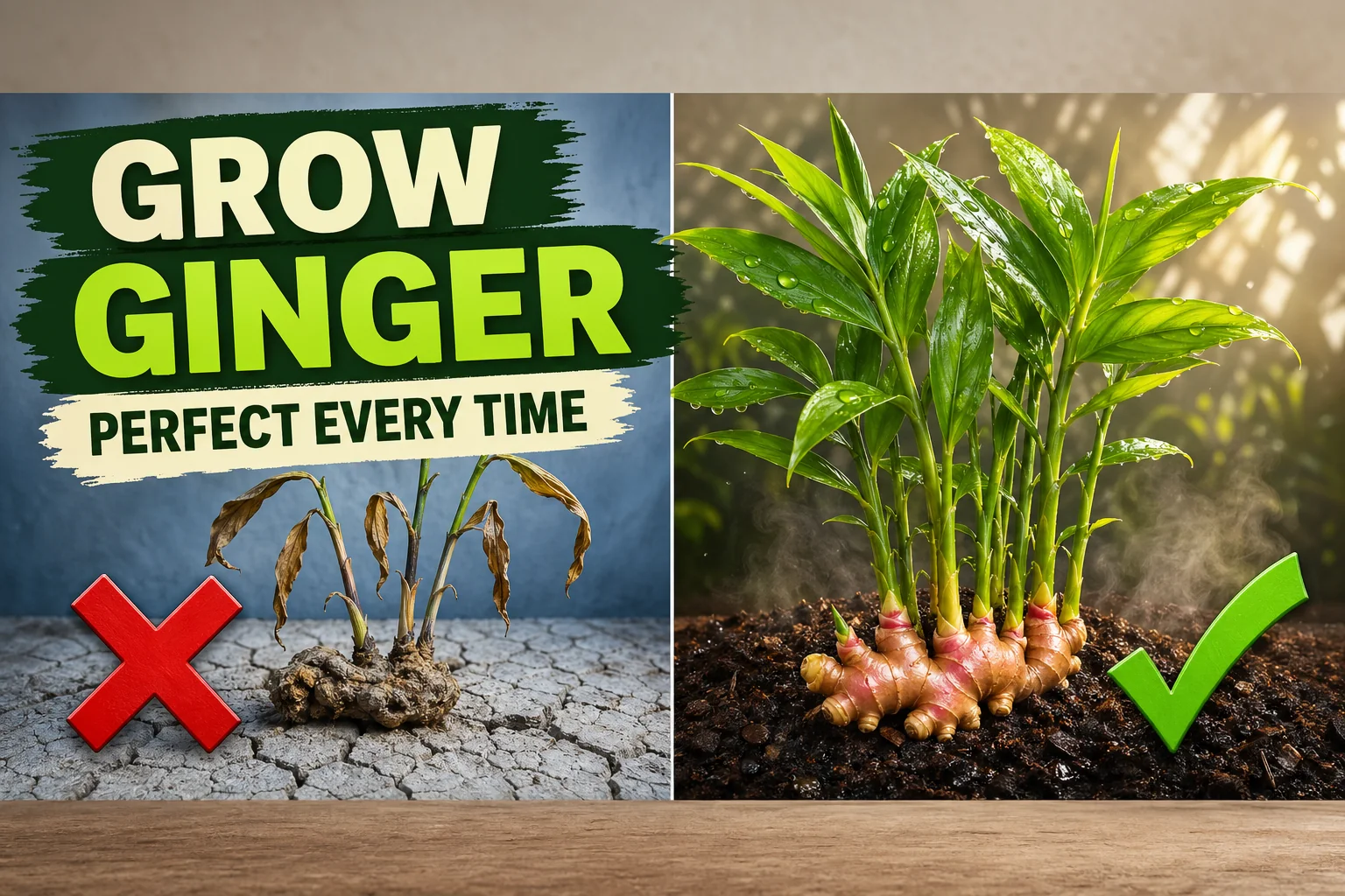 Split-screen showing a struggling cold dry ginger rhizome with brown leaves on the left versus a thriving warm humid ginger plant with vibrant green stems.