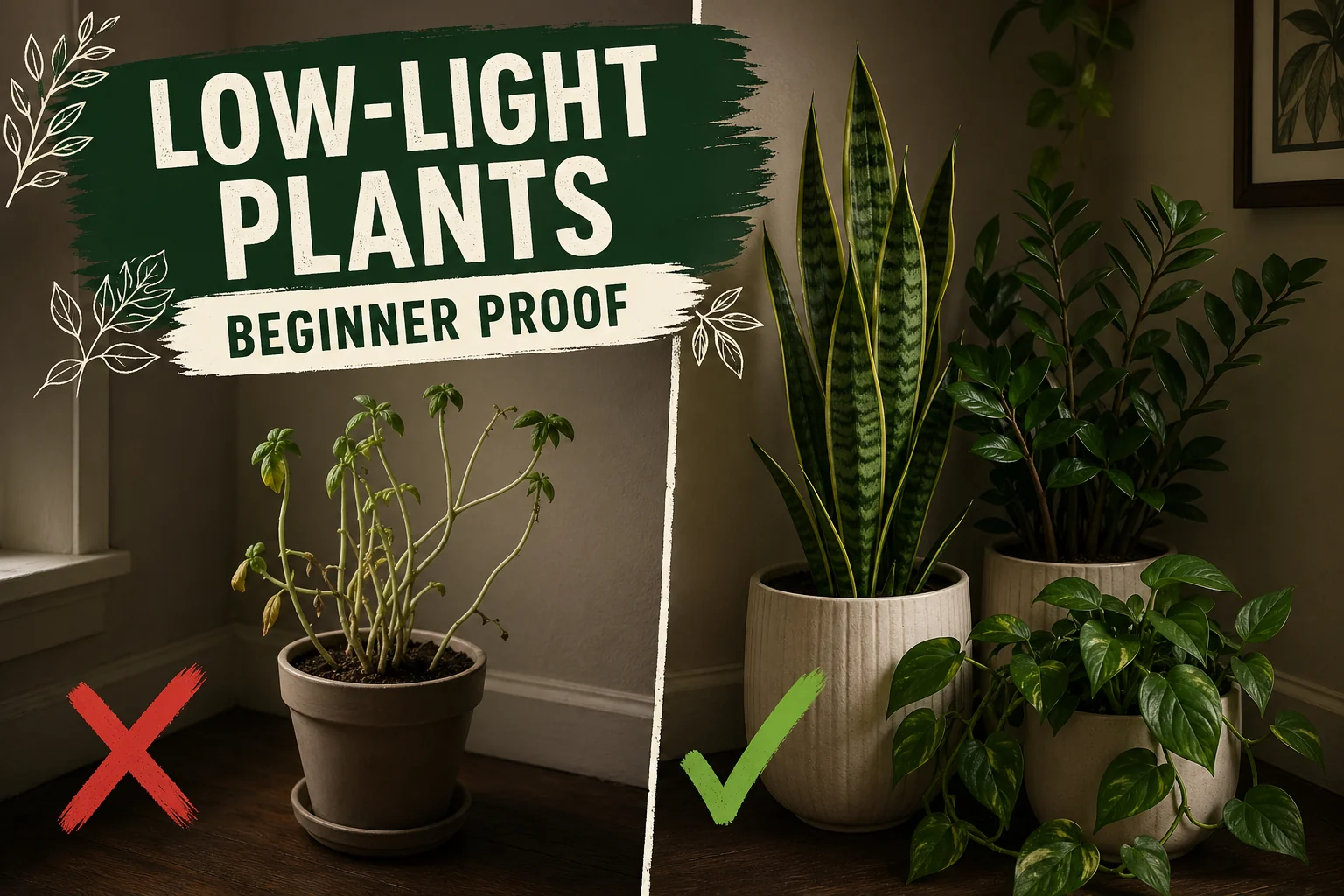 Split-screen of a dim apartment corner with a thriving ZZ plant and snake plant in cream pots versus a wilting fiddle leaf fig in poor light conditions.