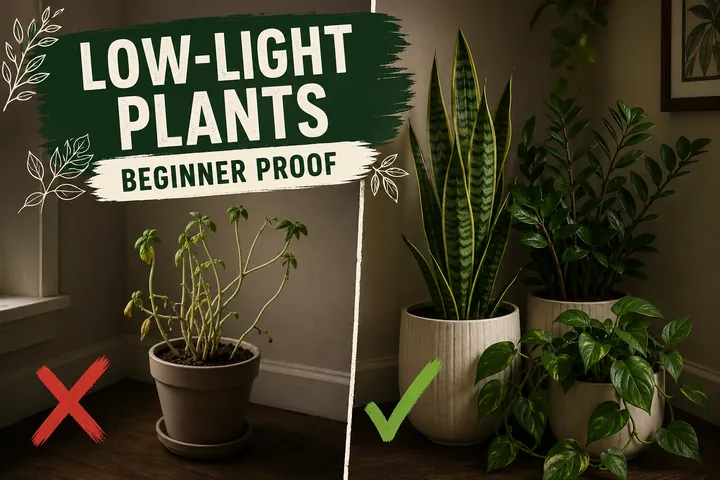 Split-screen of a dim apartment corner with a thriving ZZ plant and snake plant in cream pots versus a wilting fiddle leaf fig in poor light conditions.