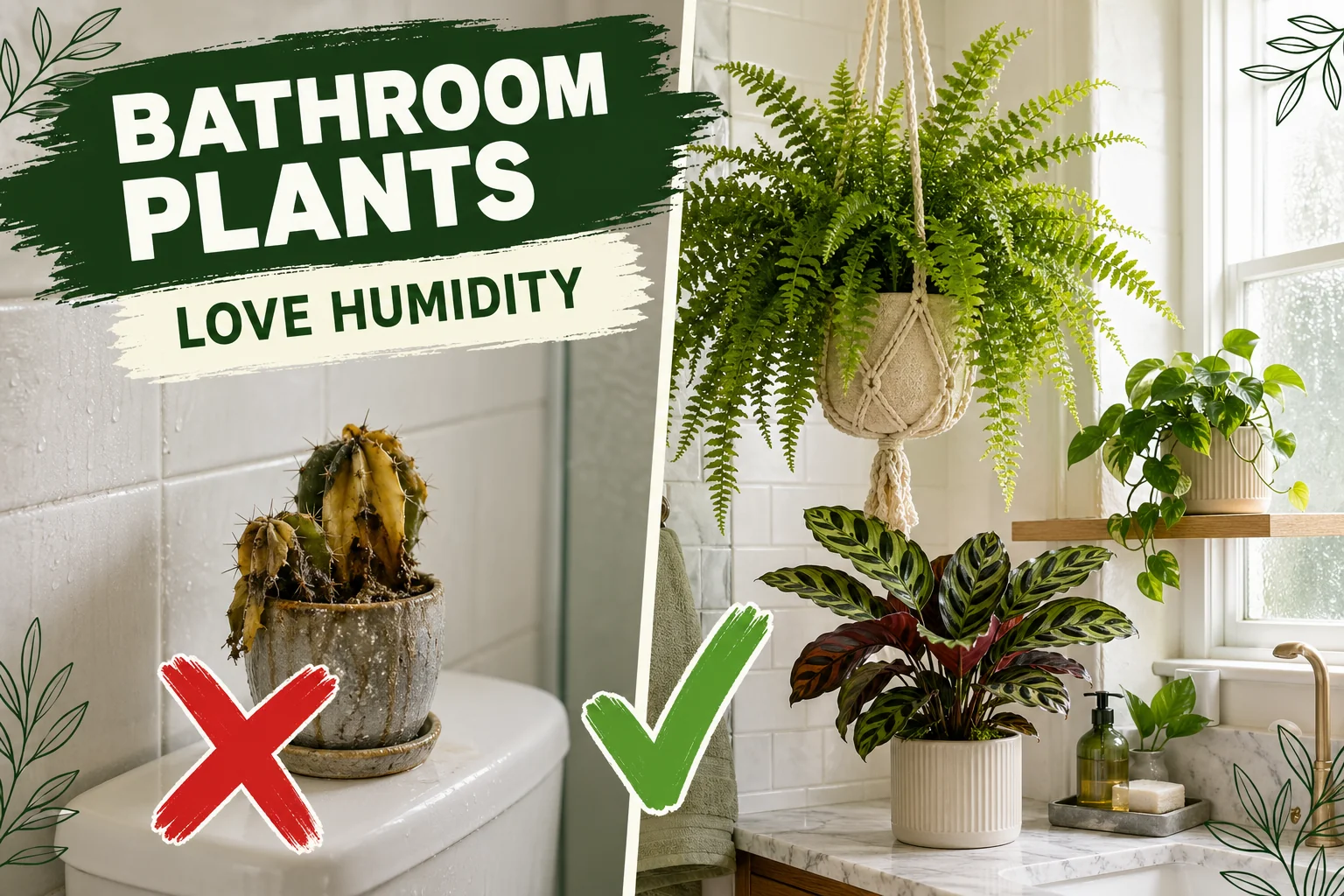 Withered cactus with a red X in a steamy bathroom on the left versus a lush Boston fern and pothos thriving on a bathroom shelf on the right.