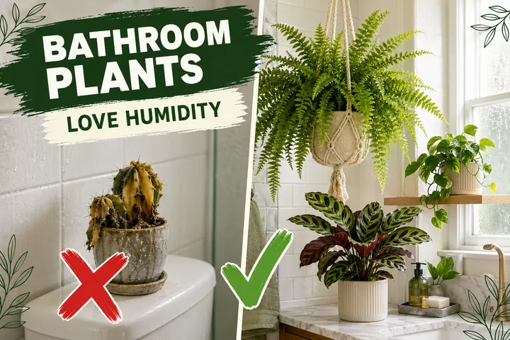 Withered cactus with a red X in a steamy bathroom on the left versus a lush Boston fern and pothos thriving on a bathroom shelf on the right.