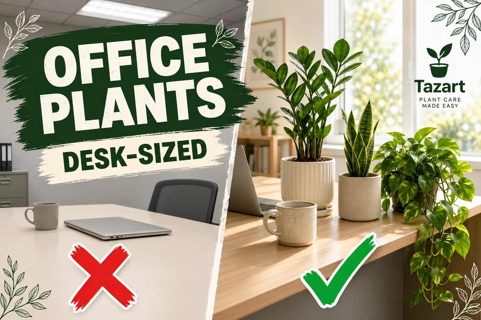 Split-screen showing a cluttered bare office desk on the left and a tidy desk with a thriving ZZ plant and snake plant in cream pots on the right.