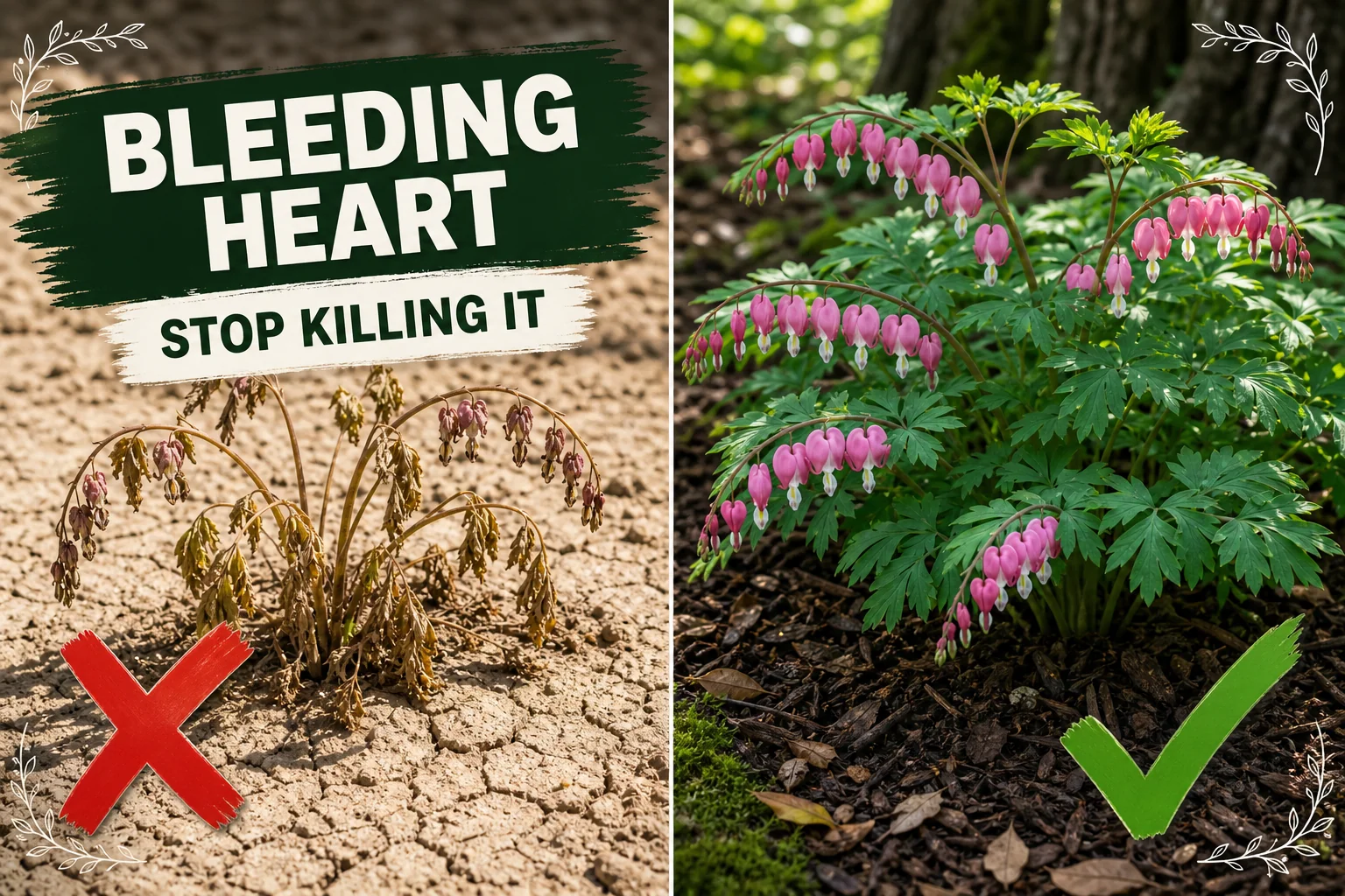 Split-screen bleeding heart: a scorched, wilted Lamprocapnos in dry sun versus a thriving arching stem of pink locket-shaped flowers in dappled shade.