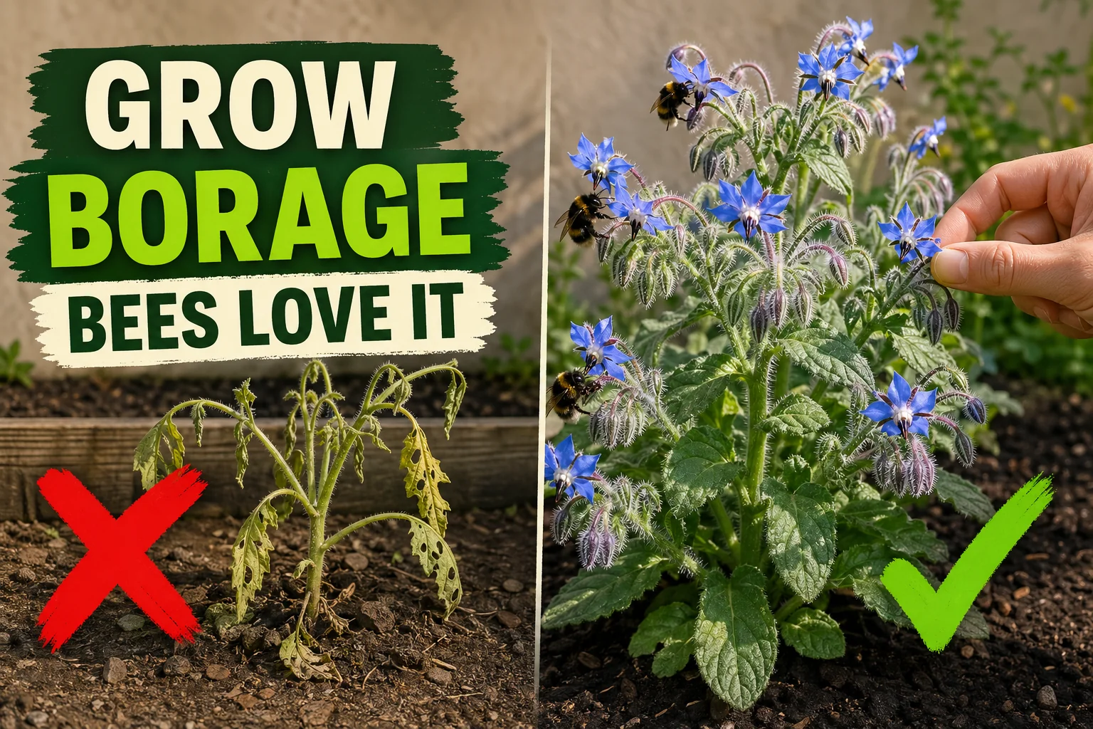 Split-screen borage plant care: a spindly slug-eaten borage on the left versus a thriving full-sun borage with sky-blue star flowers and visiting bumblebees on