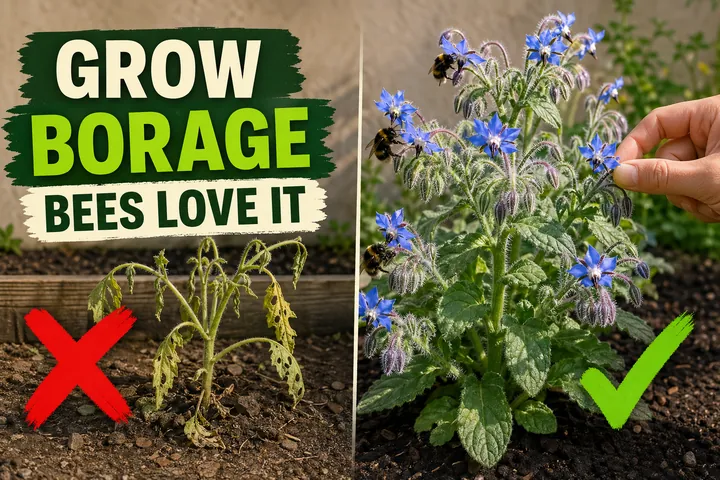Split-screen borage plant care: a spindly slug-eaten borage on the left versus a thriving full-sun borage with sky-blue star flowers and visiting bumblebees on
