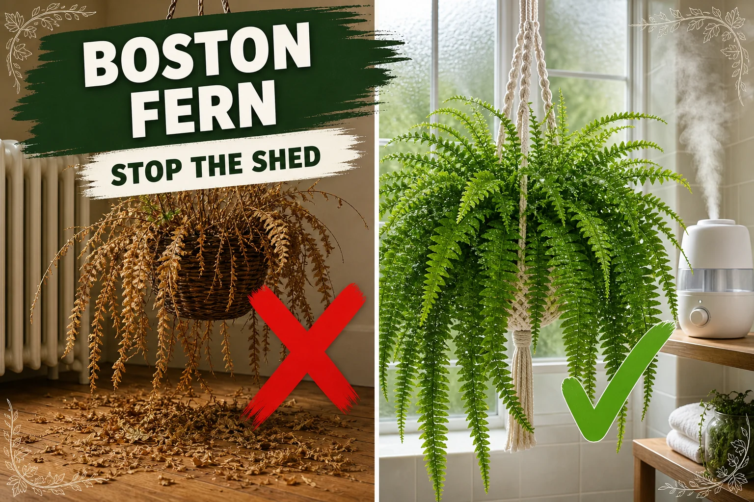 Split-screen Boston fern: a brown, frond-shedding Nephrolepis in dry heated air versus a lush full Boston fern in a humid bright bathroom.