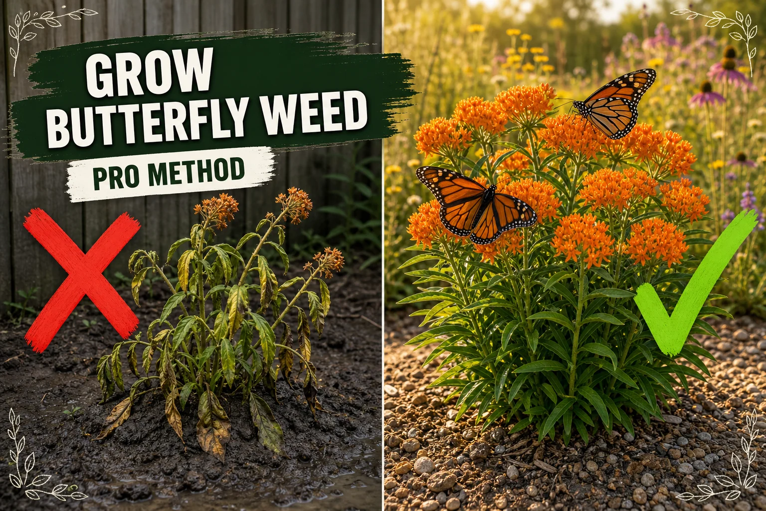 Split-screen showing a wilted butterfly weed in shaded clay soil versus a thriving butterfly weed with orange flower clusters in full sun.