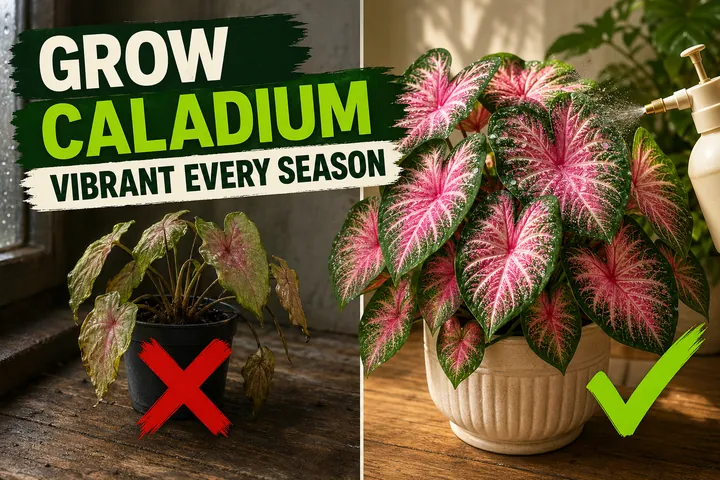 Split-screen comparison showing a faded droopy Caladium with washed-out pink leaves on the left versus a thriving Caladium with vivid pink-and-white veined
