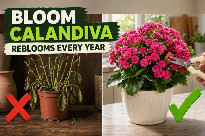 Split-screen comparison showing a tired flowerless Calandiva with leggy stems on the left versus a thriving Calandiva covered in dense magenta-pink double