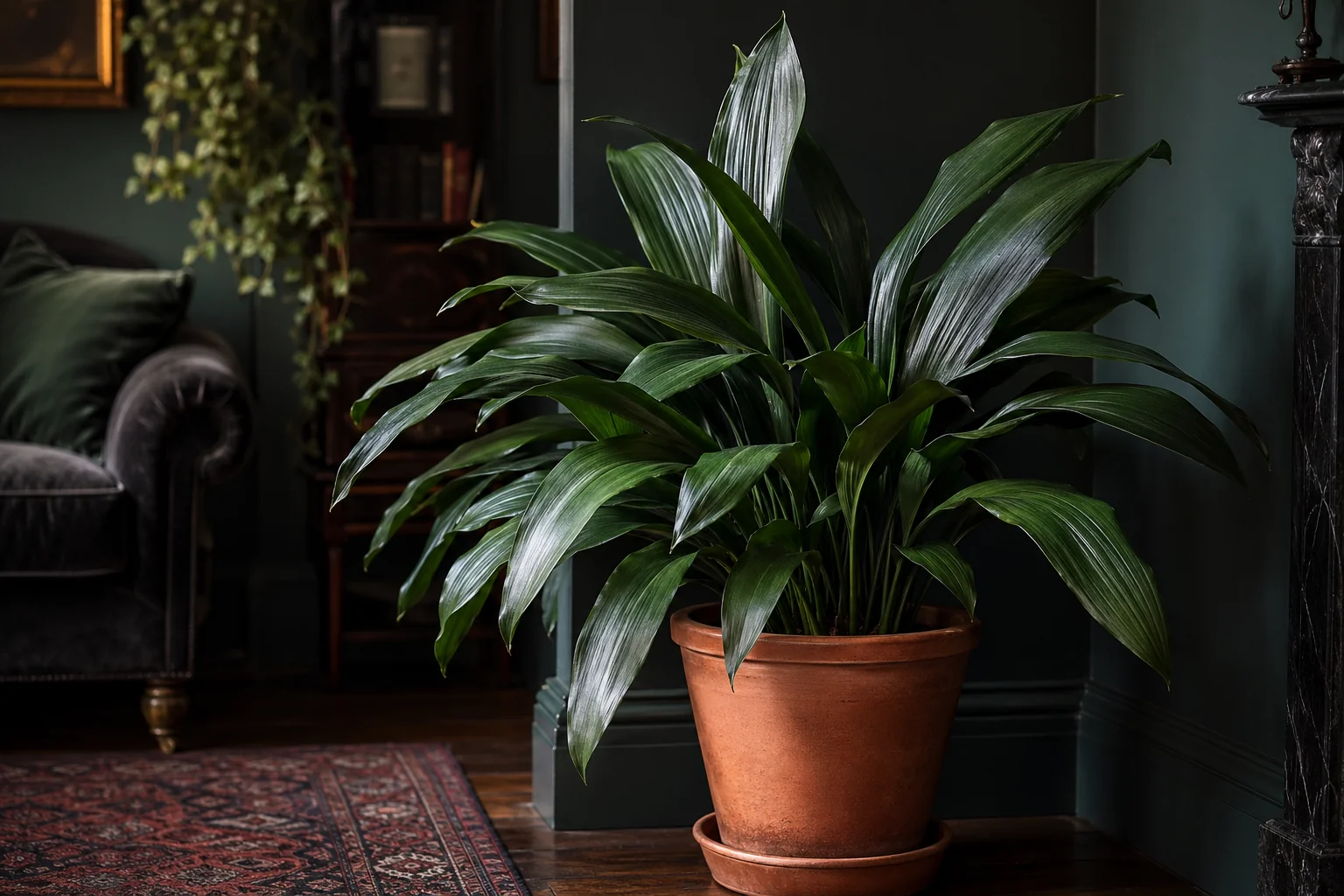 A thriving cast iron plant with deep green strap leaves in a terracotta pot placed in a dim corner of a Victorian-style living room.
