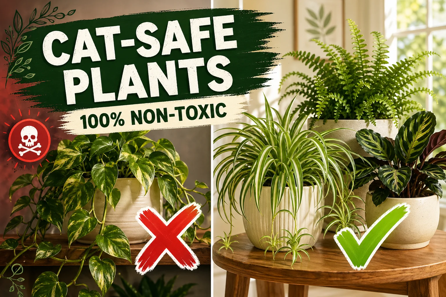 Split-screen showing a cat chewing on a toxic lily on the left and a healthy cat relaxing next to a spider plant and Boston fern on the right.