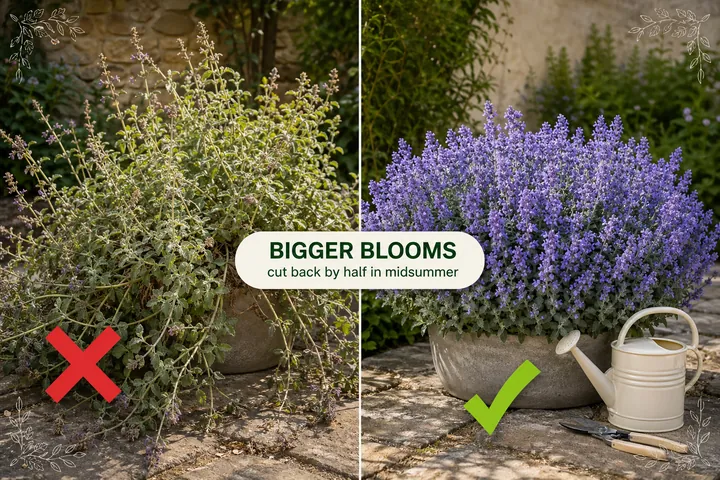Split-screen catmint: leggy untrimmed plant with faded brown flowers versus a compact pruned mound covered in fresh lavender-blue blooms.