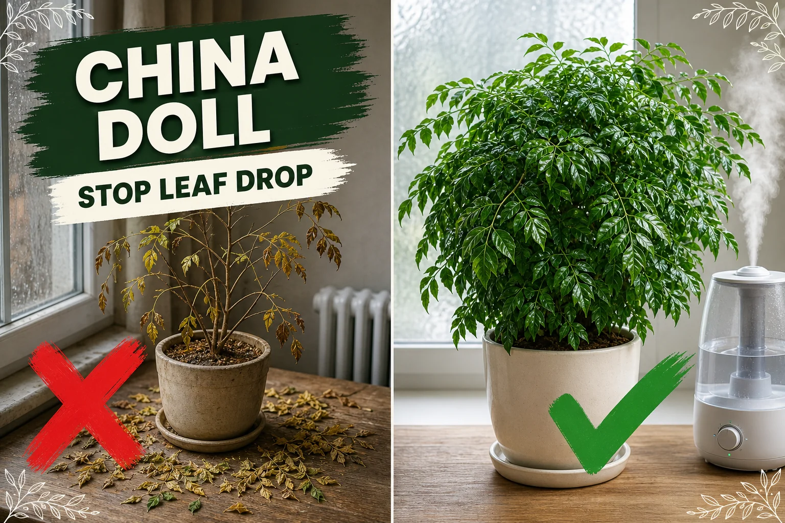 Split-screen china doll plant: a leaf-dropped bare Radermachera sinica versus a lush, glossy, full china doll tree in bright indirect light.
