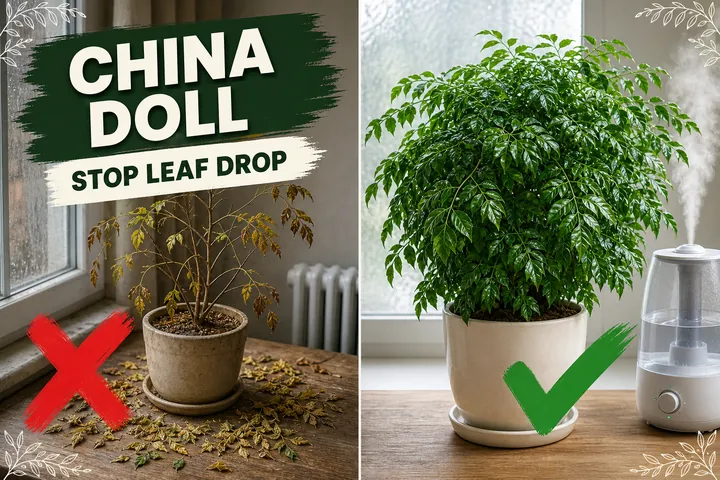 Split-screen china doll plant: a leaf-dropped bare Radermachera sinica versus a lush, glossy, full china doll tree in bright indirect light.