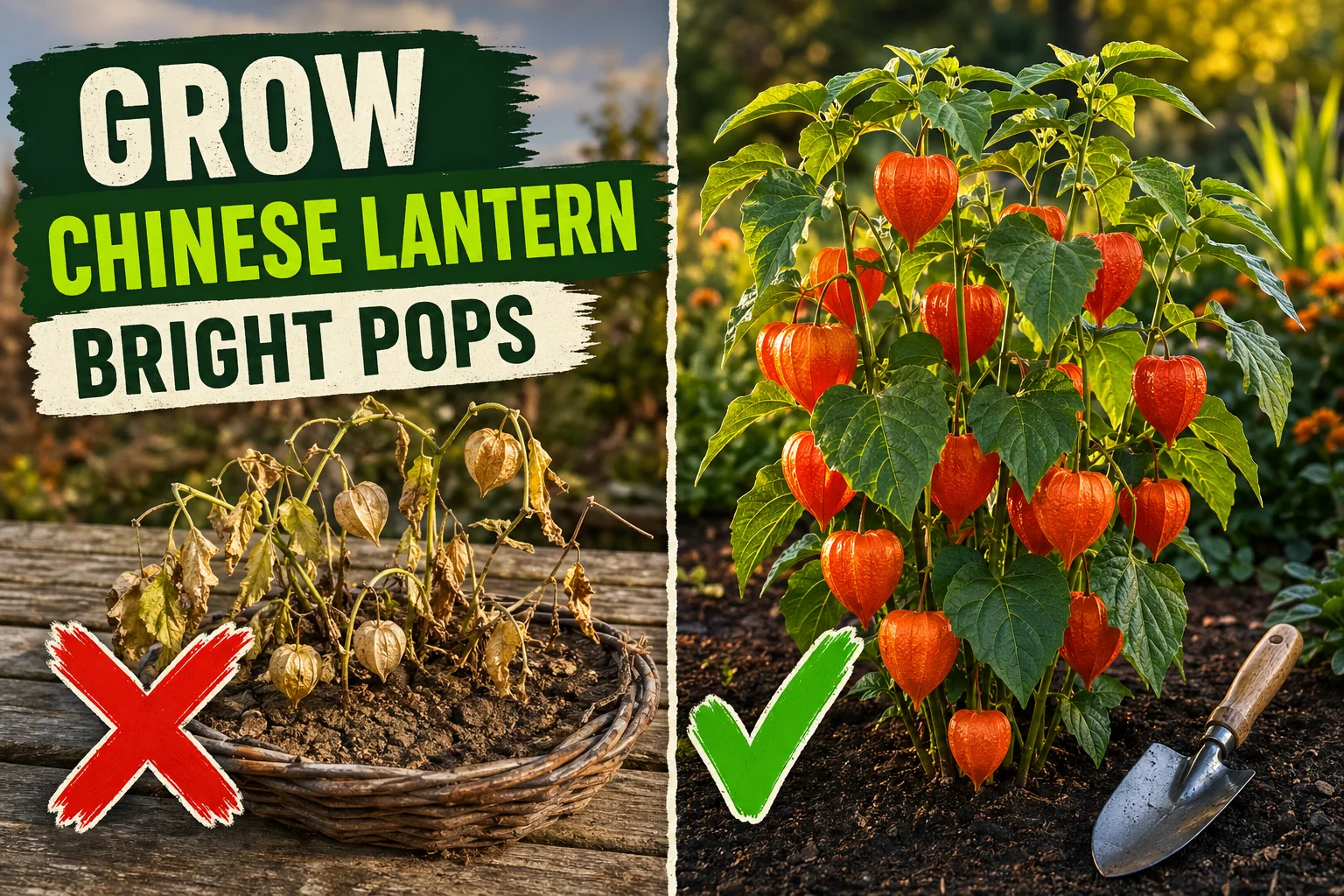 Split-screen Chinese lantern plant care: pale washed-out pods on the left versus vivid orange papery lanterns on sturdy green stems on the right.