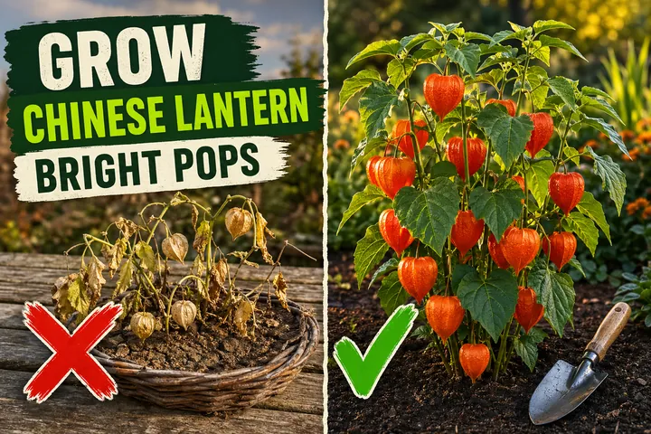 Split-screen Chinese lantern plant care: pale washed-out pods on the left versus vivid orange papery lanterns on sturdy green stems on the right.