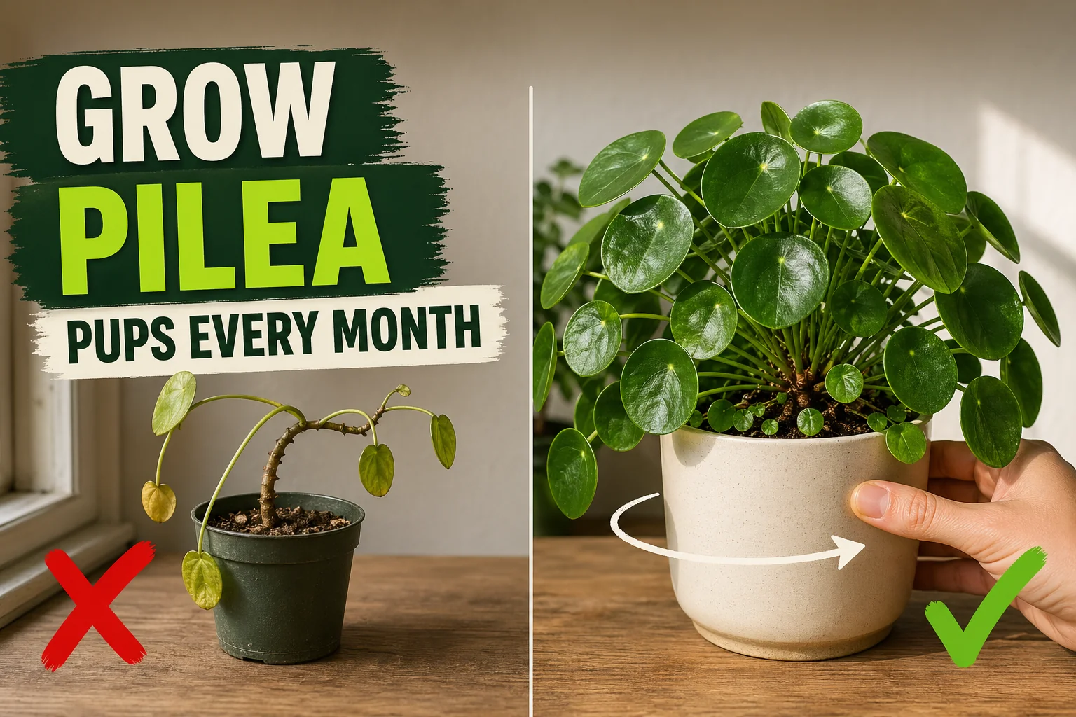Split-screen Chinese Money Plant care: a leggy faded Pilea peperomioides leaning toward a window on the left versus a lush dome of round dark-green coin-shaped