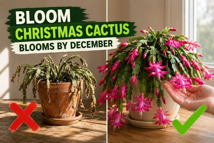 Split-screen comparison showing a parched bloomless Christmas cactus in a cracked terracotta pot on the left versus a thriving Christmas cactus drooping with