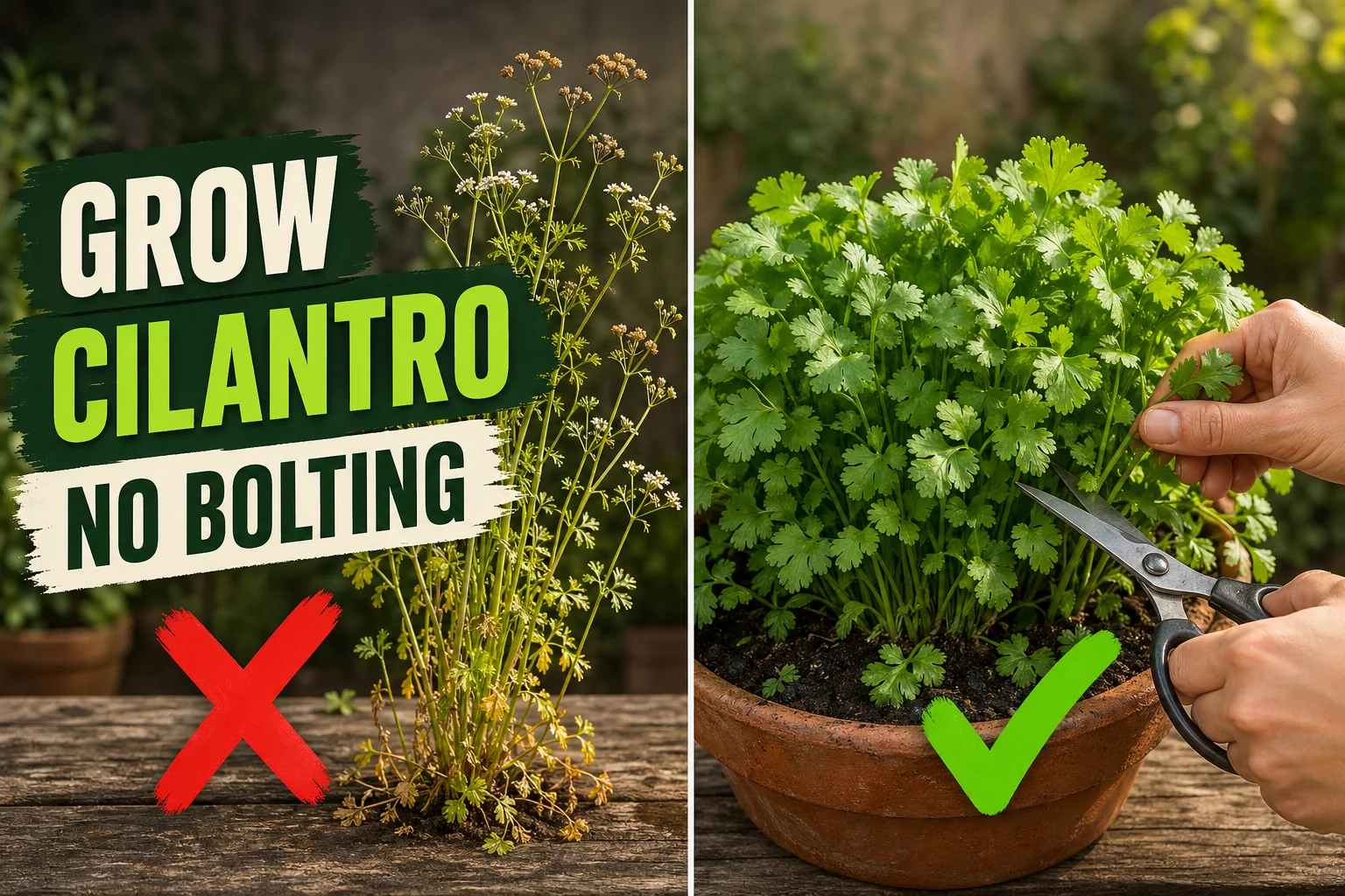 Split-screen cilantro plant care: bolted scraggly flowering cilantro on the left versus lush bushy cilantro being harvested on the right.