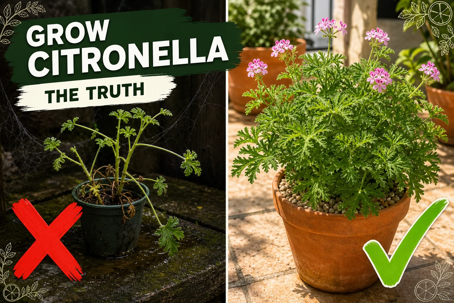 A bushy citronella scented geranium with deeply lobed feathery green leaves in a terracotta pot, growing on a sunny patio.
