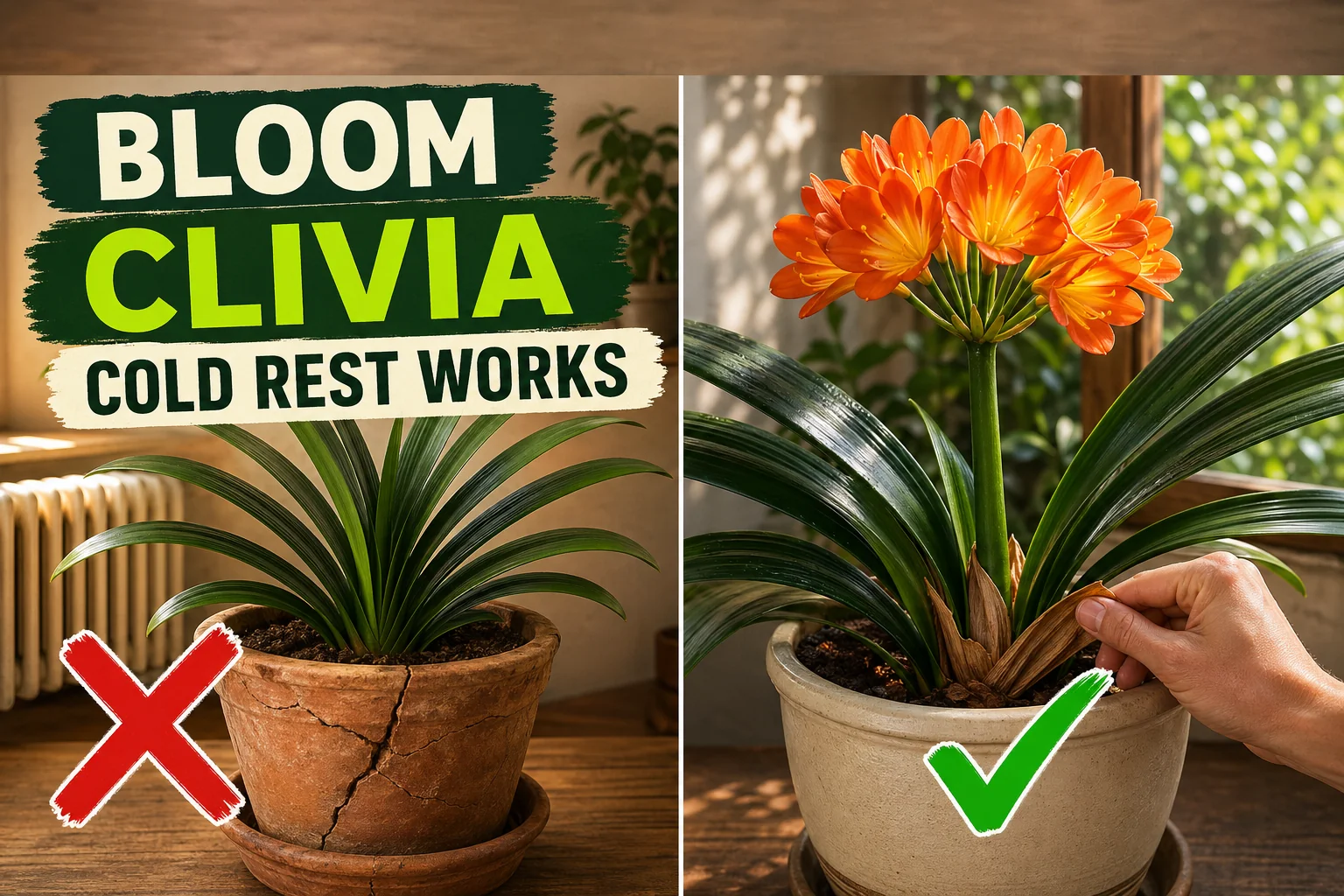 Split-screen showing a leafy but flowerless Clivia miniata with no winter rest on the left versus a Clivia in full orange bloom after a cold rest on the right.