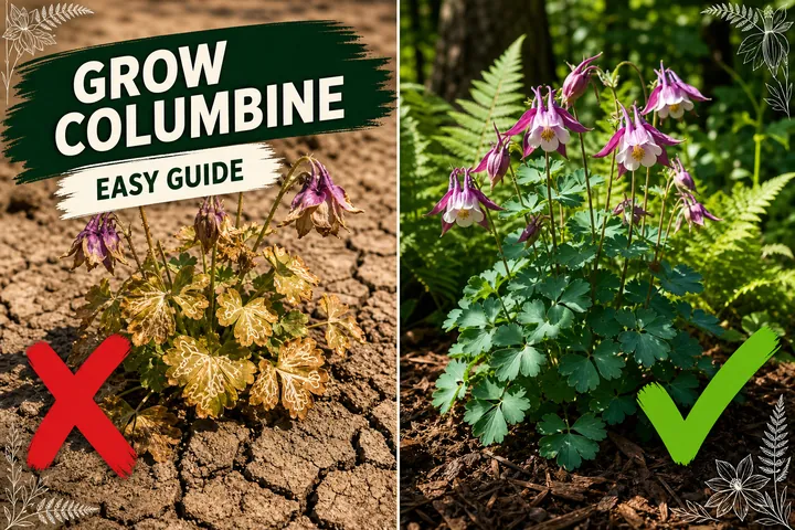 A clump of bicolor columbine flowers with nodding spurred blooms in pink and white in dappled shade beside fern foliage in a woodland-style garden.