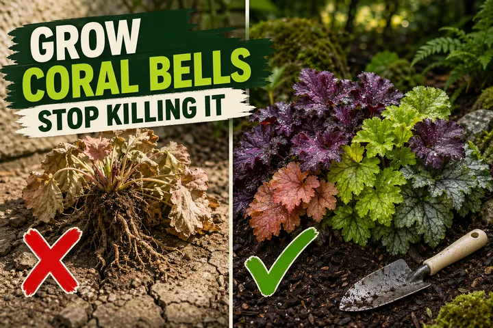 Split-screen coral bells: a heaved washed-out Heuchera with frost-lifted crown versus a thriving mound of plum and lime Heuchera leaves in dappled shade.