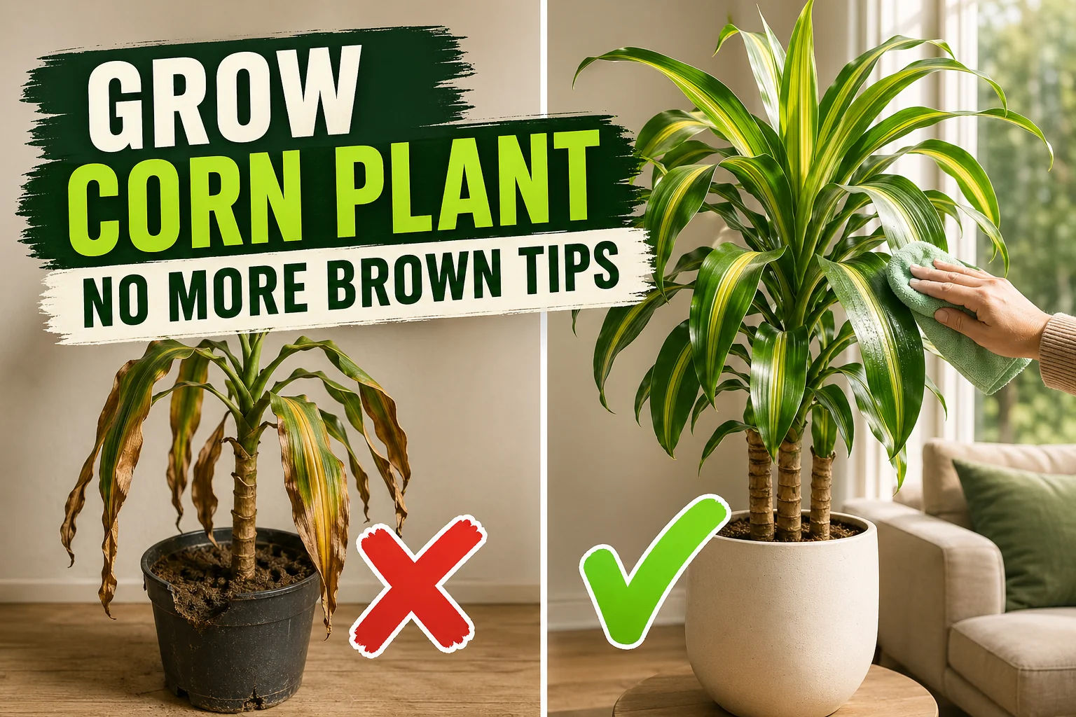 Split-screen corn plant care: Dracaena fragrans with brown crispy tips on the left versus a thriving variegated corn plant in a cream ceramic pot on the right.