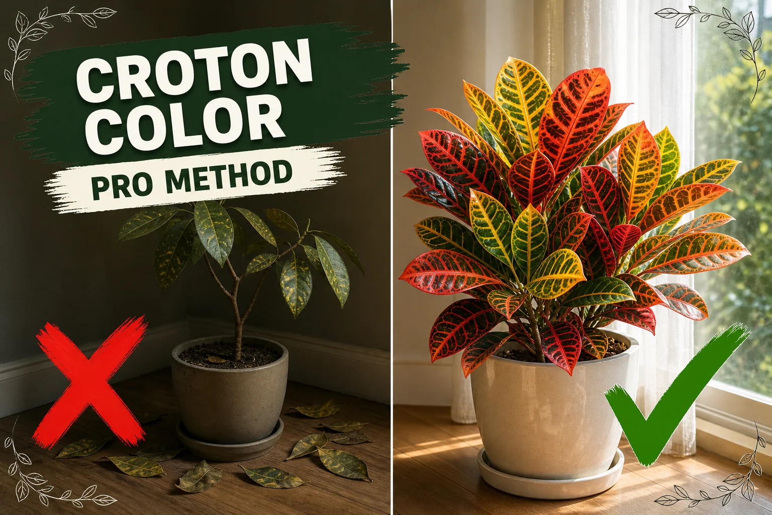 Split-screen croton plant: a faded green leaf-dropped Codiaeum versus a vibrant multicolored croton with red, orange, and yellow leaves in bright light.