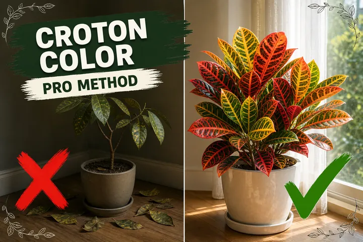 Split-screen croton plant: a faded green leaf-dropped Codiaeum versus a vibrant multicolored croton with red, orange, and yellow leaves in bright light.