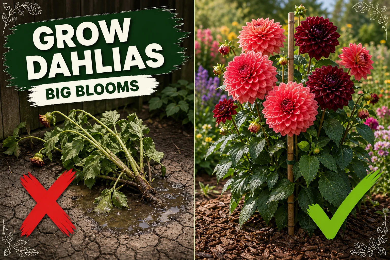 A vibrant border of dinnerplate dahlias in pink, coral, and burgundy under bright summer sun, demonstrating healthy dahlia plant care.