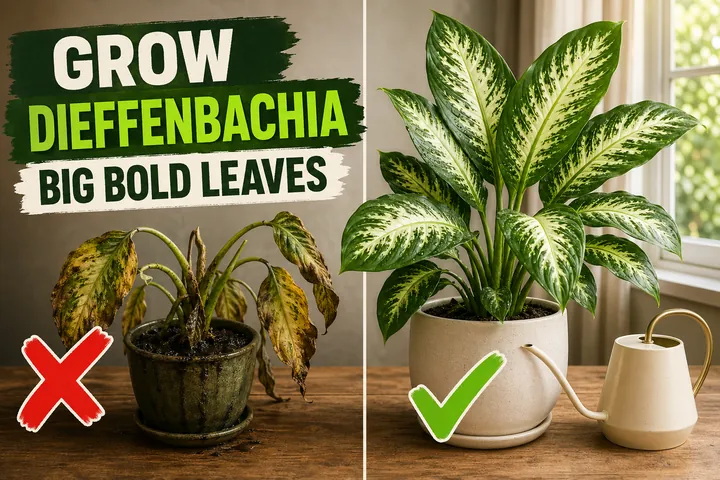Split-screen dieffenbachia care: drooping yellowing dumb cane in soggy soil on the left versus a thriving variegated Dieffenbachia in a cream pot on the right.