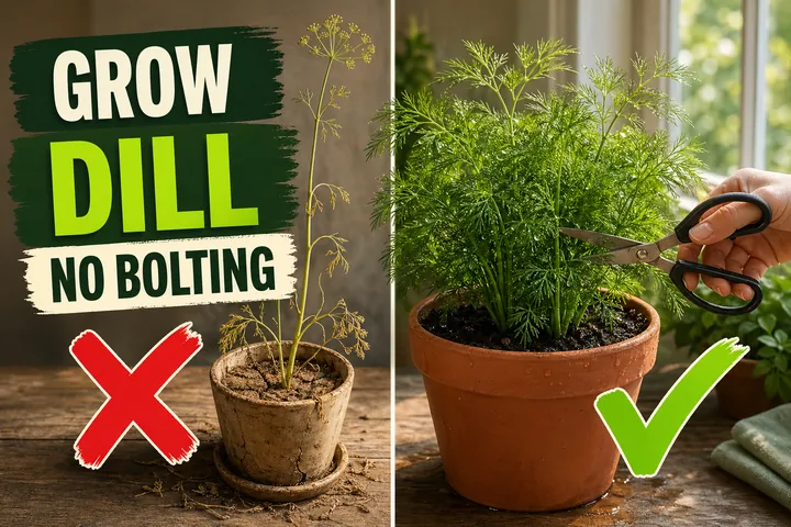 Split-screen dill plant care: a leggy bolted dill plant with yellowing feathery leaves on the left versus a lush bushy dill plant being harvested with kitchen