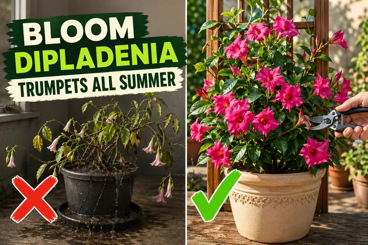 Split-screen Dipladenia plant care comparison: a wilted Mandevilla sanderi with yellowing leaves on the left versus a thriving bushy Dipladenia covered in