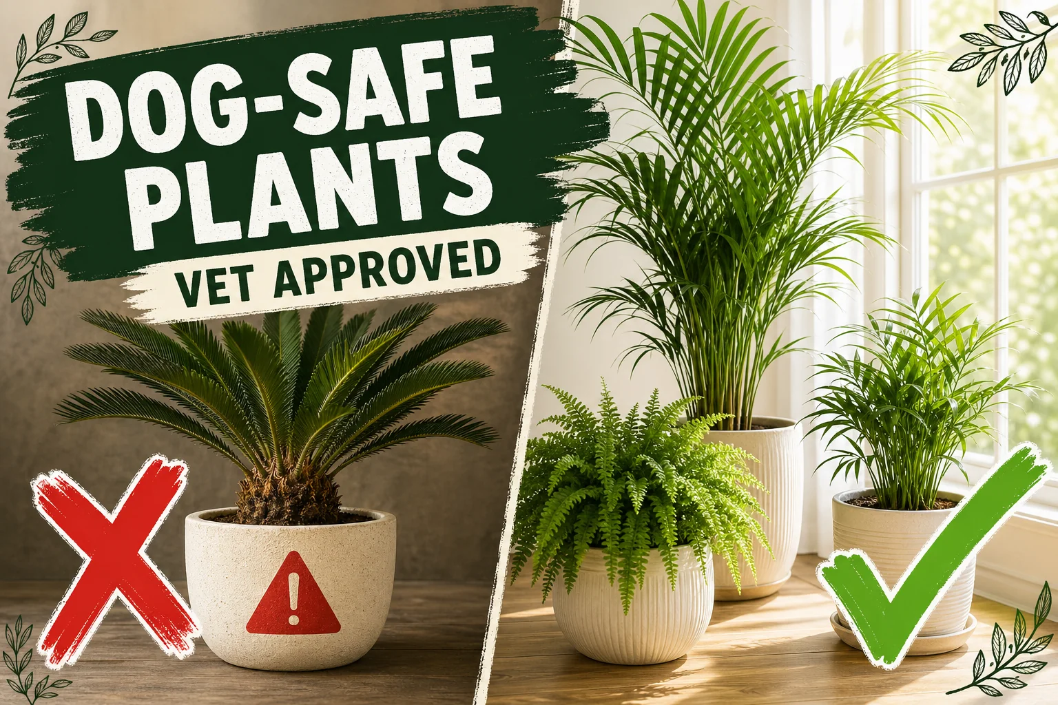 Split-screen showing a dog happily sniffing a pet-safe areca palm on the right and a dangerous sago palm with a red X warning on the left.