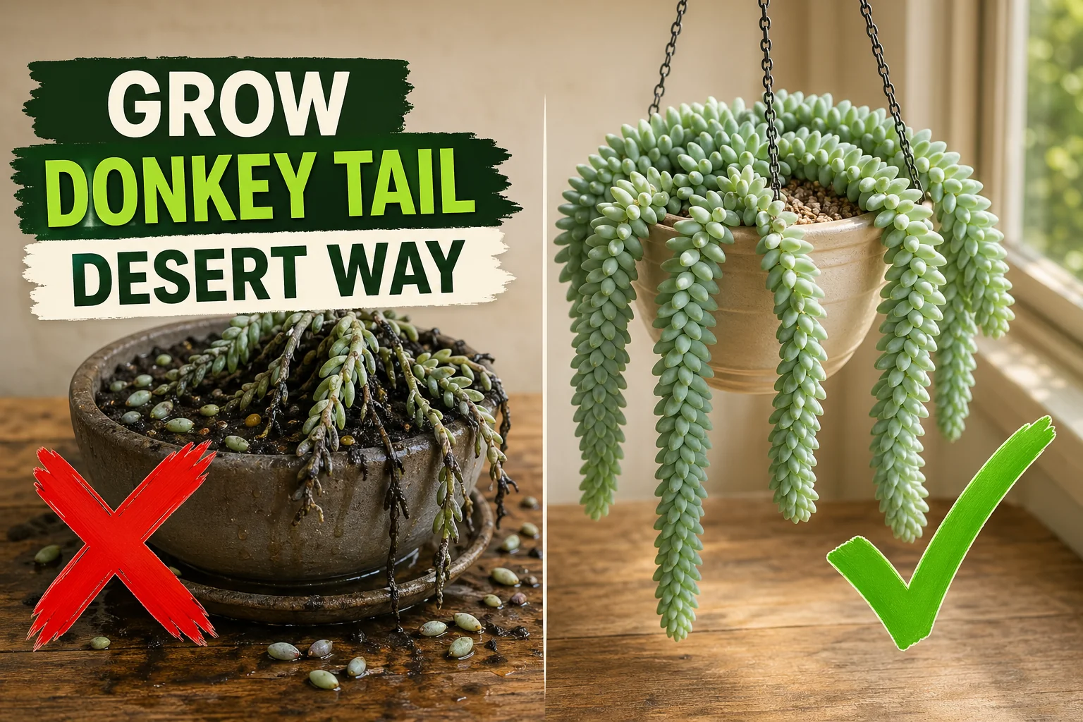 Split-screen donkey tail care: shriveled overwatered Sedum on the left versus a lush cascading donkey tail in a cream terracotta hanging pot on the right.