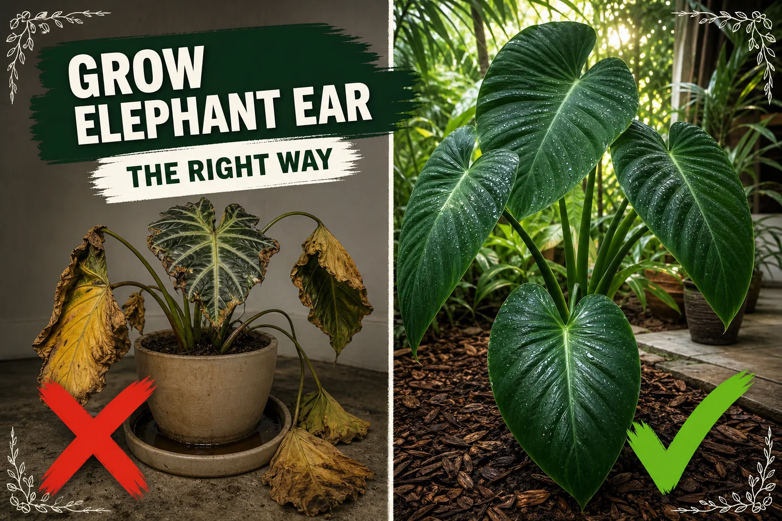 Huge glossy green Colocasia esculenta leaves arching over a shaded tropical border, showing healthy elephant ear plant care in a humid garden.