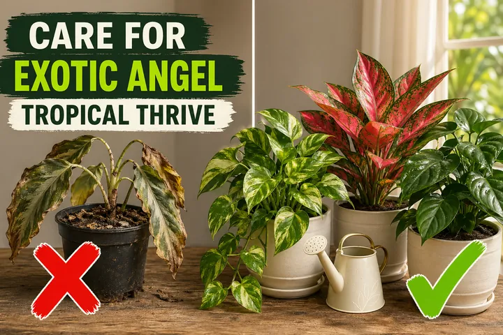 Split-screen exotic angel plant care: drooping brown-tipped foliage on the left versus thriving pothos, aglaonema, and philodendron in cream pots on the right.
